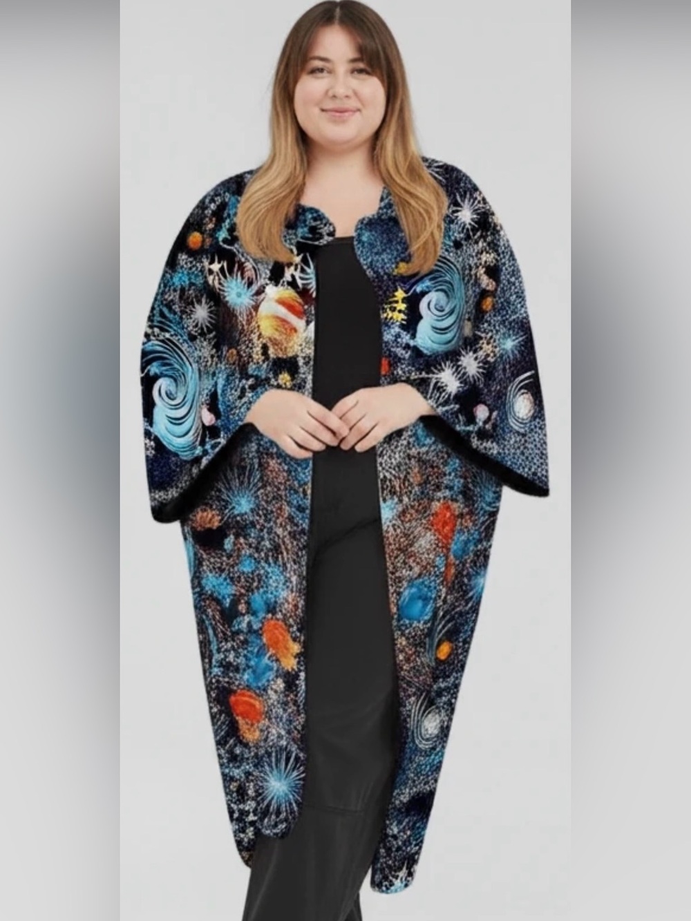 Women's Black Space-Print Long lightweight Coat - Picture 2 of 6